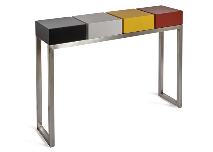 console design Pied-Estal couleurs noir c'est noir, beige parchemin, jaune soleil intense, rouge piment. Pied inox brossé. Meubles Les Pieds Sur La Table